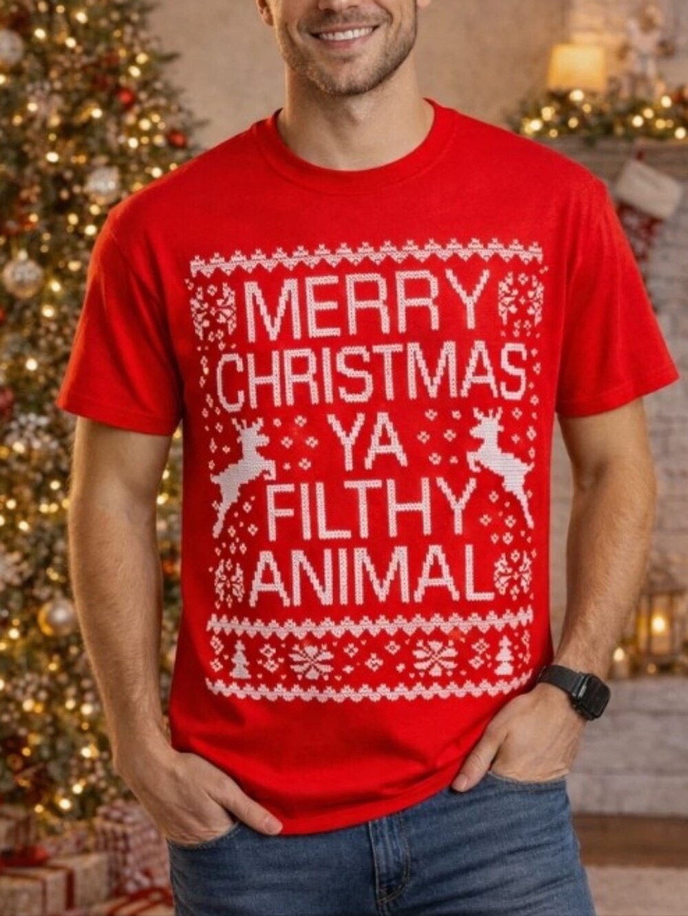 Merry Christmas Ya Filthy Animal Red Graphic Tee